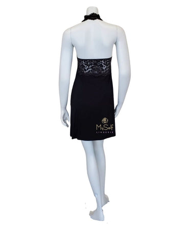Fleurt 6018 Black/Rose Gold Lace Halter Neck Modal Chemise MYSELFLINGERIE.COM